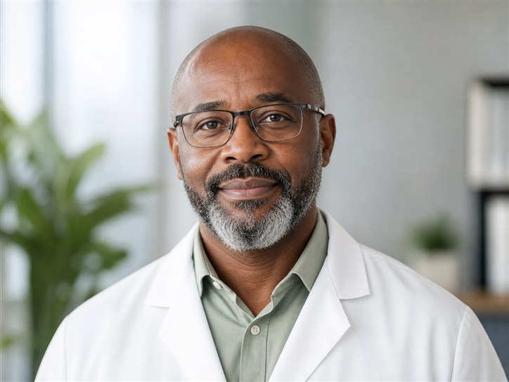 Fictional portrait of Dr. Daniel Okafor for a nephrology product demonstration.