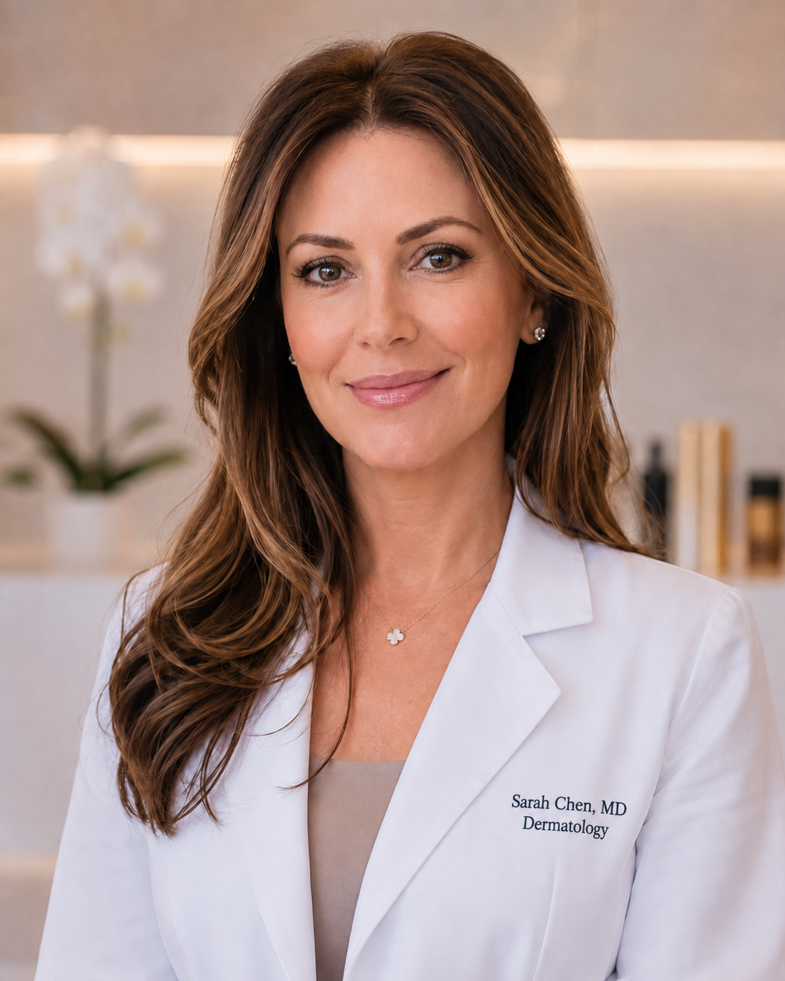 Illustrative fictional dermatologist profile portrait