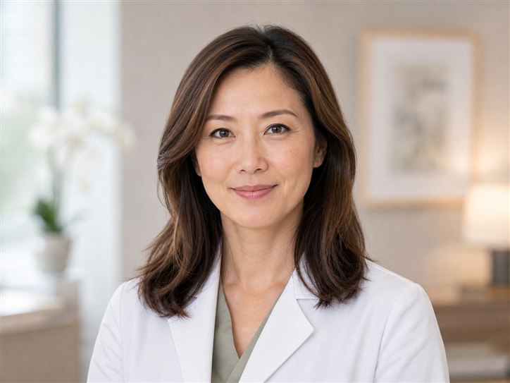 Fictional portrait of Dr. Maya Chen for a dermatology product demonstration.