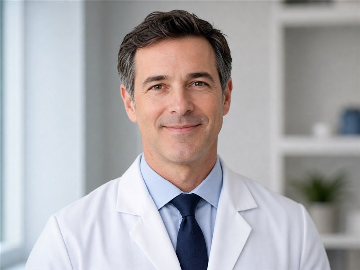 Fictional portrait of Dr. Michael Bennett for an orthopaedic surgery product demonstration.