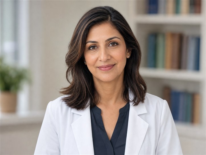 Fictional portrait of Dr. Sarah Malik for a psychiatry product demonstration.