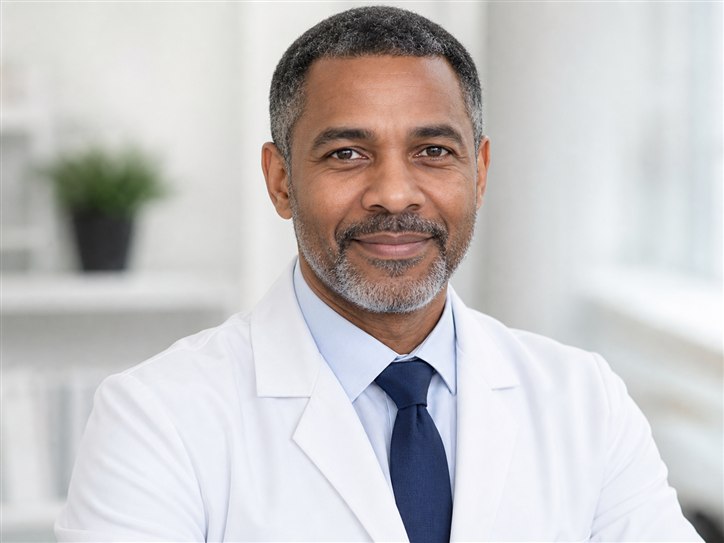 Fictional portrait of Dr. Thabo Ndlovu for a cardiology product demonstration.