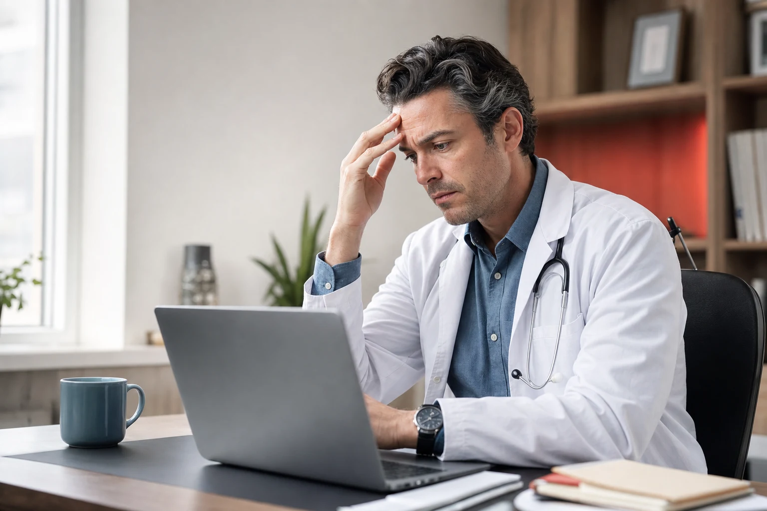 Illustrative fictional physician concerned while reviewing online professional information.